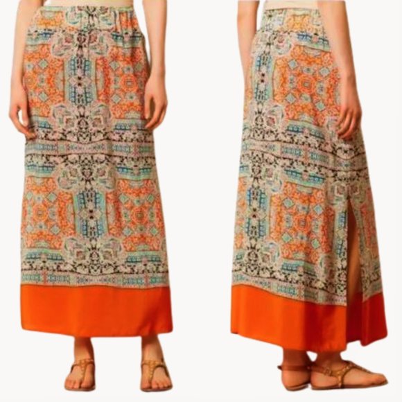 SiLK Vanessa Virginia Anthropologie Maxi Skirt Lined Mediterranean Side Slit M - Picture 1 of 8